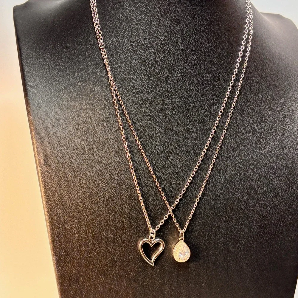 Necklace Set Silver Heart Teardrop Rhinestone Pendant Y2K Coquette
